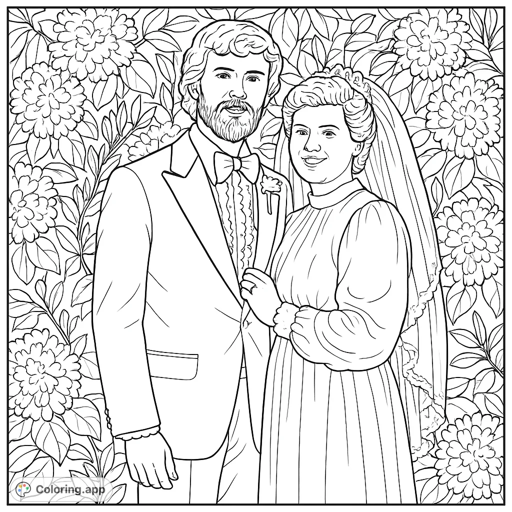 A happy couple on their vintage wedding day, standing before a lush floral backdrop. Features a groom in a classic tuxedo and a bride in a detailed gown and veil.