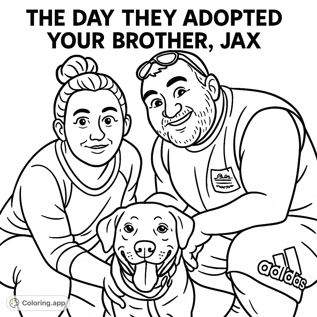 Celebrate a special adoption day with this heartwarming coloring page. A couple welcomes their new canine companion, Jax, in a cartoony, bold-outline style.
