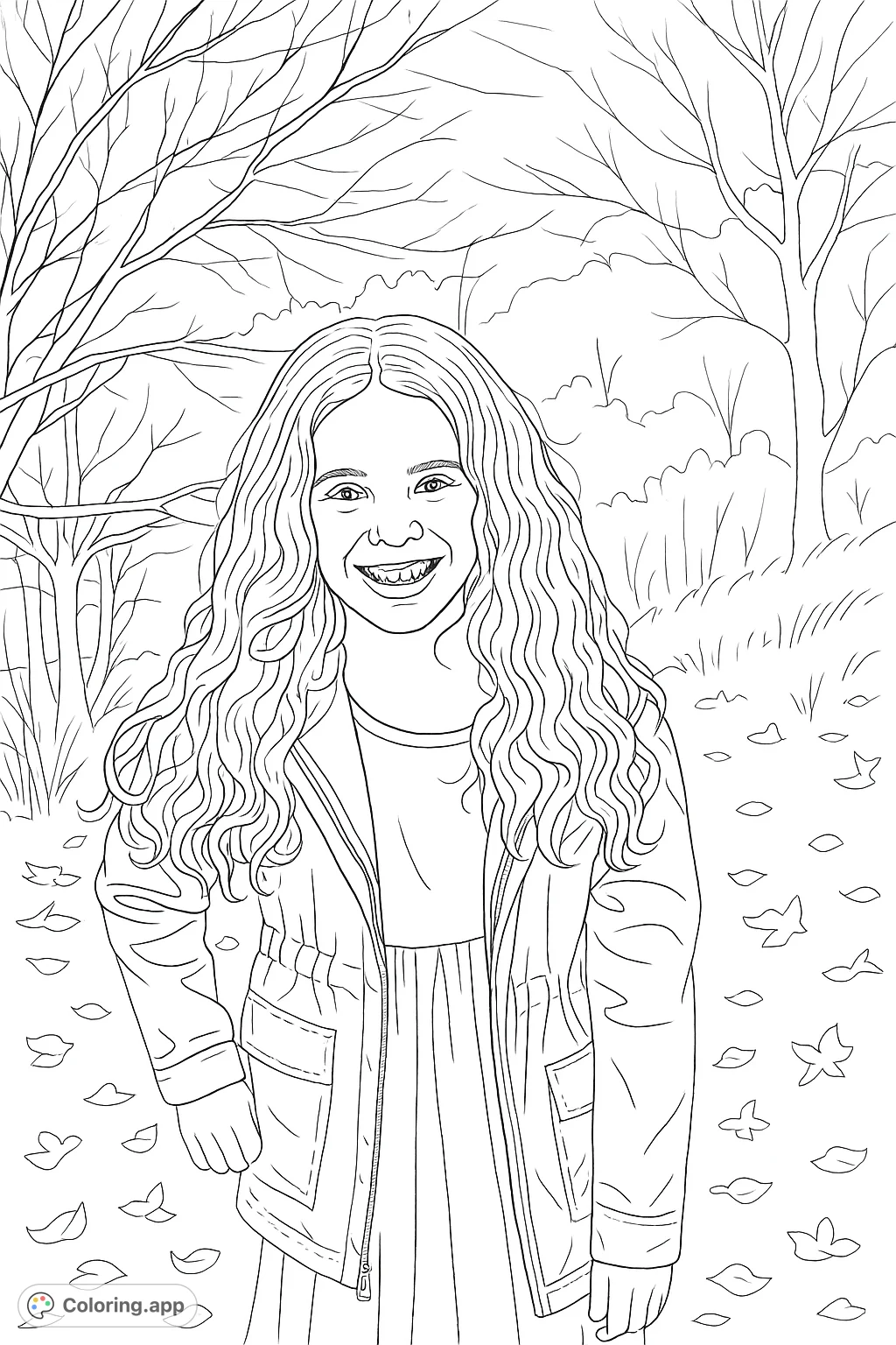Capture the joyful spirit of a young girl with flowing curly hair and a radiant smile in a natural outdoor setting. Perfect for expressive coloring fun.