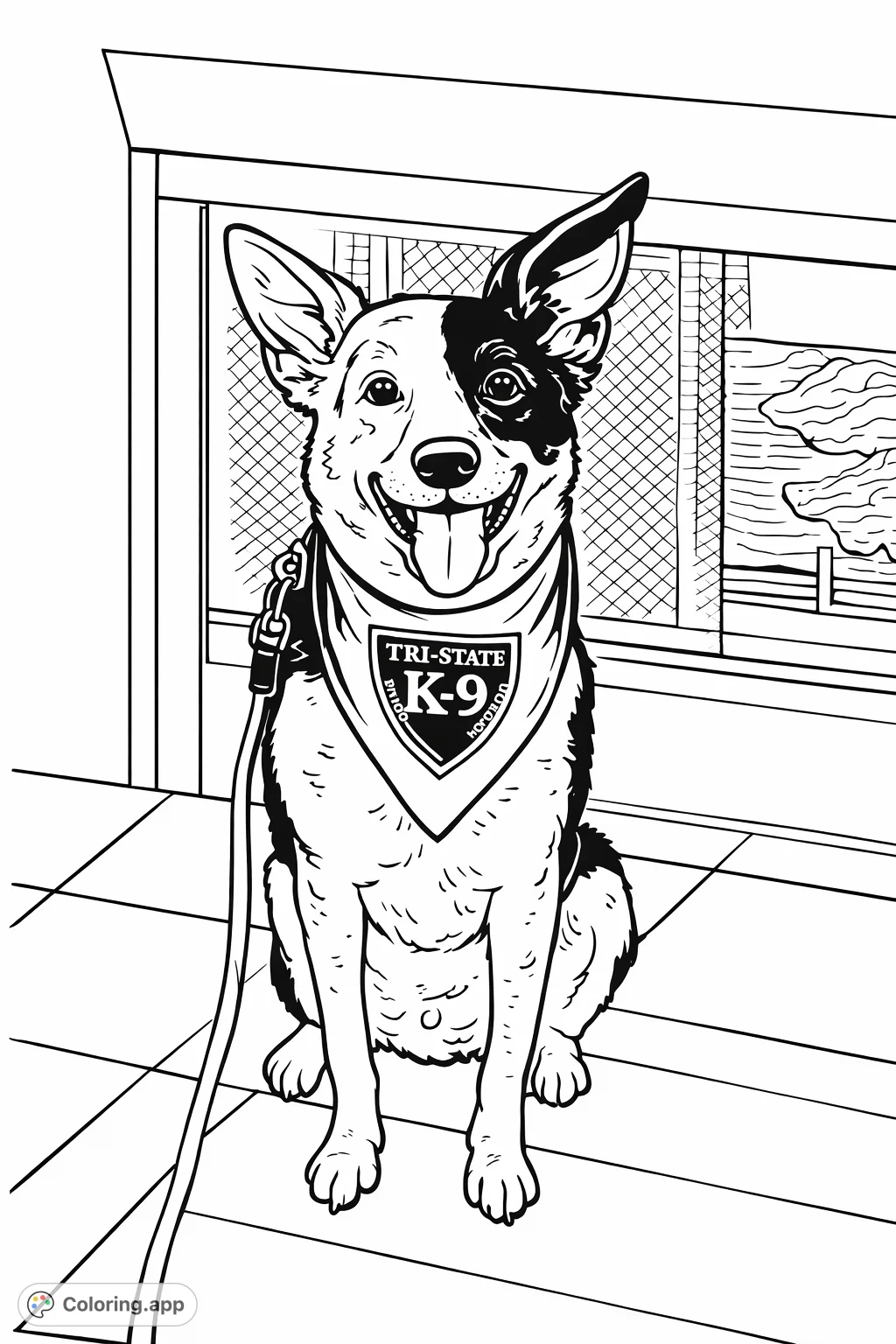 A cheerful K-9 dog, sporting a distinctive bandana, sits proudly. This minimalist coloring page captures its friendly expression with bold outlines, perfect for all ages.