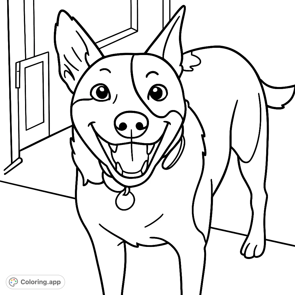 A charming coloring page of a happy dog with perked ears and an open-mouthed smile, ready for a playful coloring adventure. Perfect for all ages!