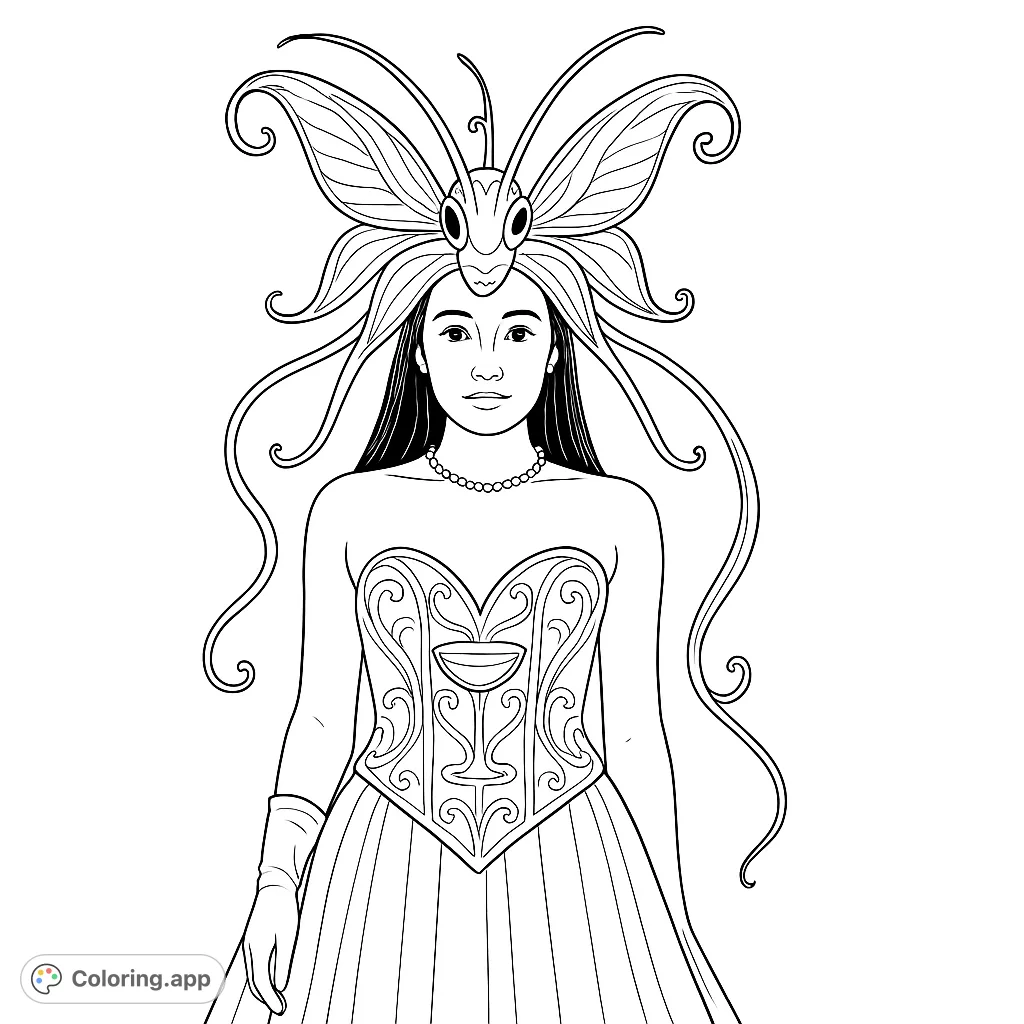 An elegant figure adorned with a fantastical butterfly headpiece, a patterned corset featuring a unique glass design, and a flowing skirt, set against a glowing background.