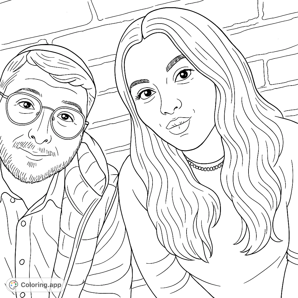 A heartwarming portrait of a couple, ideal for a personal coloring experience. Focus on expressions, details, and textures.