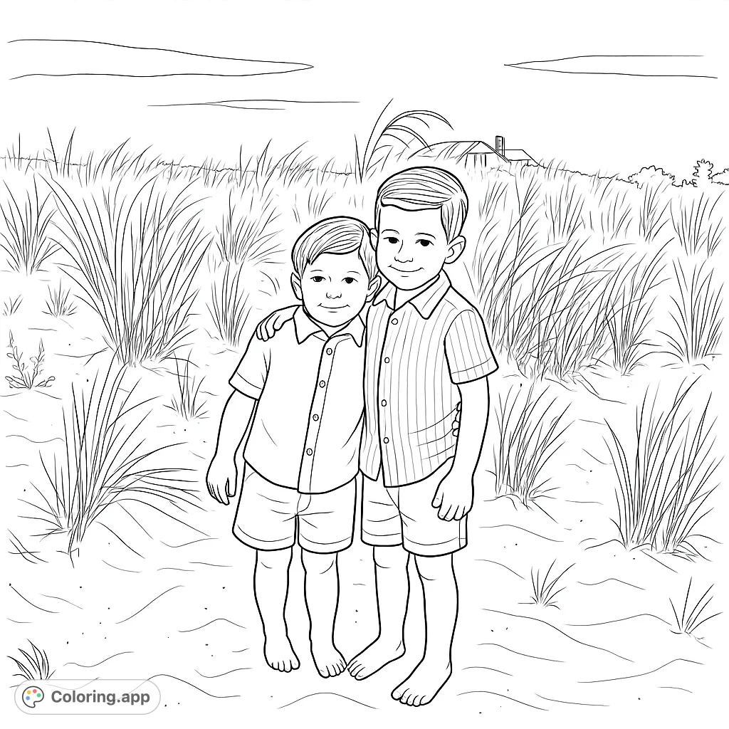 Two joyful boys embrace on a sandy beach, surrounded by tall dune grass. Perfect for a relaxing coloring session, capturing a sweet moment of togetherness.