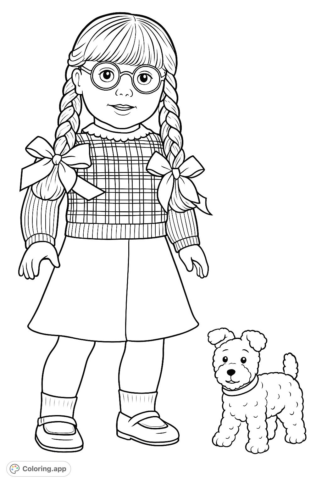 Color a charming doll with braids, glasses, and a patterned sweater, accompanied by her fluffy dog. Perfect for creative minds of all ages.
