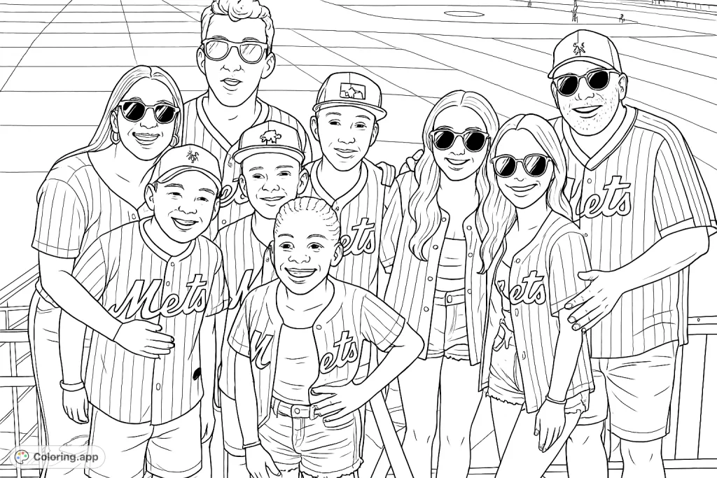 A happy group of family and friends in pinstriped baseball jerseys at a stadium. Features smiling faces and a detailed baseball field background for coloring fun.