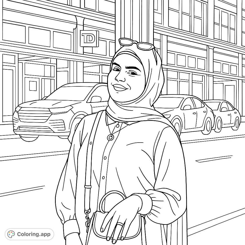 Capture the modern elegance of a woman in an urban landscape. This contemporary city street scene features detailed attire, subtle accessories, and dynamic background elements.