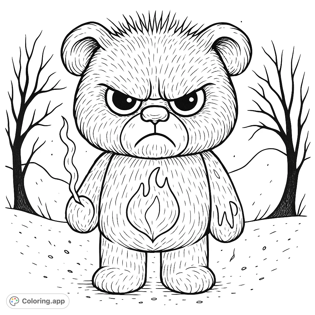 A fierce, fluffy bear with a fiery heart and intense gaze stands amidst a desolate woodland. Unleash your creativity on this unique creature. Explore emotions.