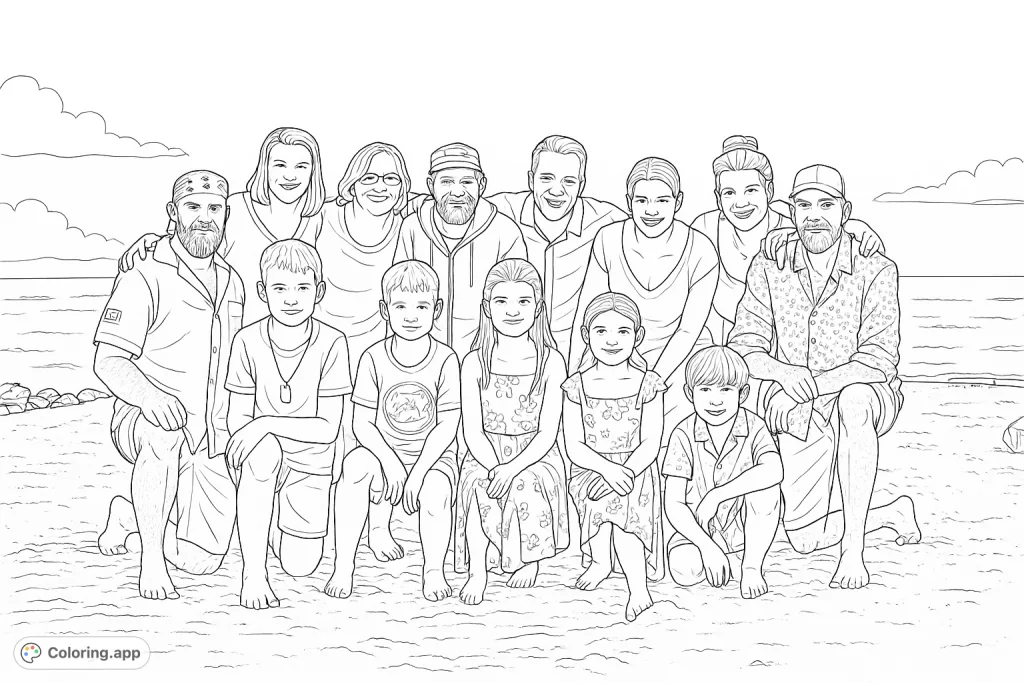 Capture a joyful family gathering on a tranquil beach. This detailed coloring page features adults and children, perfect for celebrating togetherness and seaside memories.
