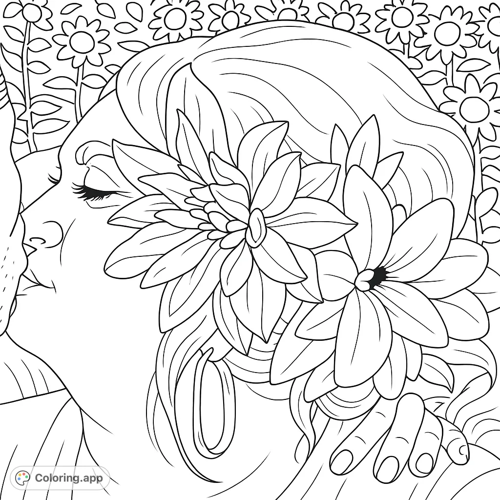 A captivating portrait of a person adorned with intricate floral hair accessories, set against a backdrop of blooming plants. Perfect for floral and portrait enthusiasts.