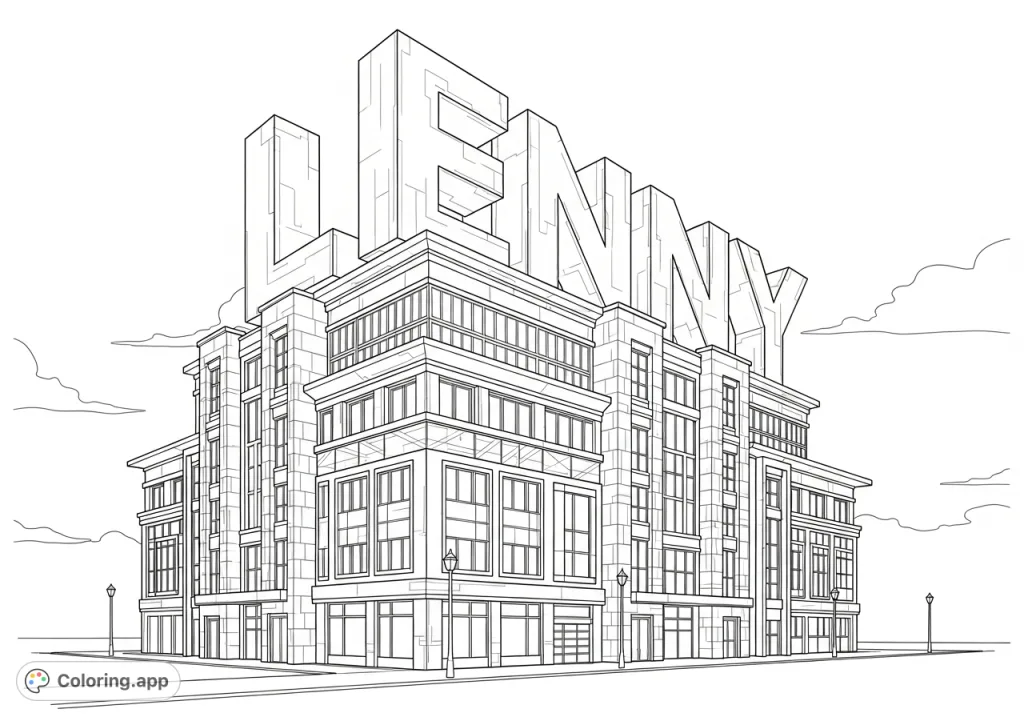 A dynamic "Lenny" coloring page featuring bold block letters atop a modern building with windows and an urban backdrop, perfect for personalization.
