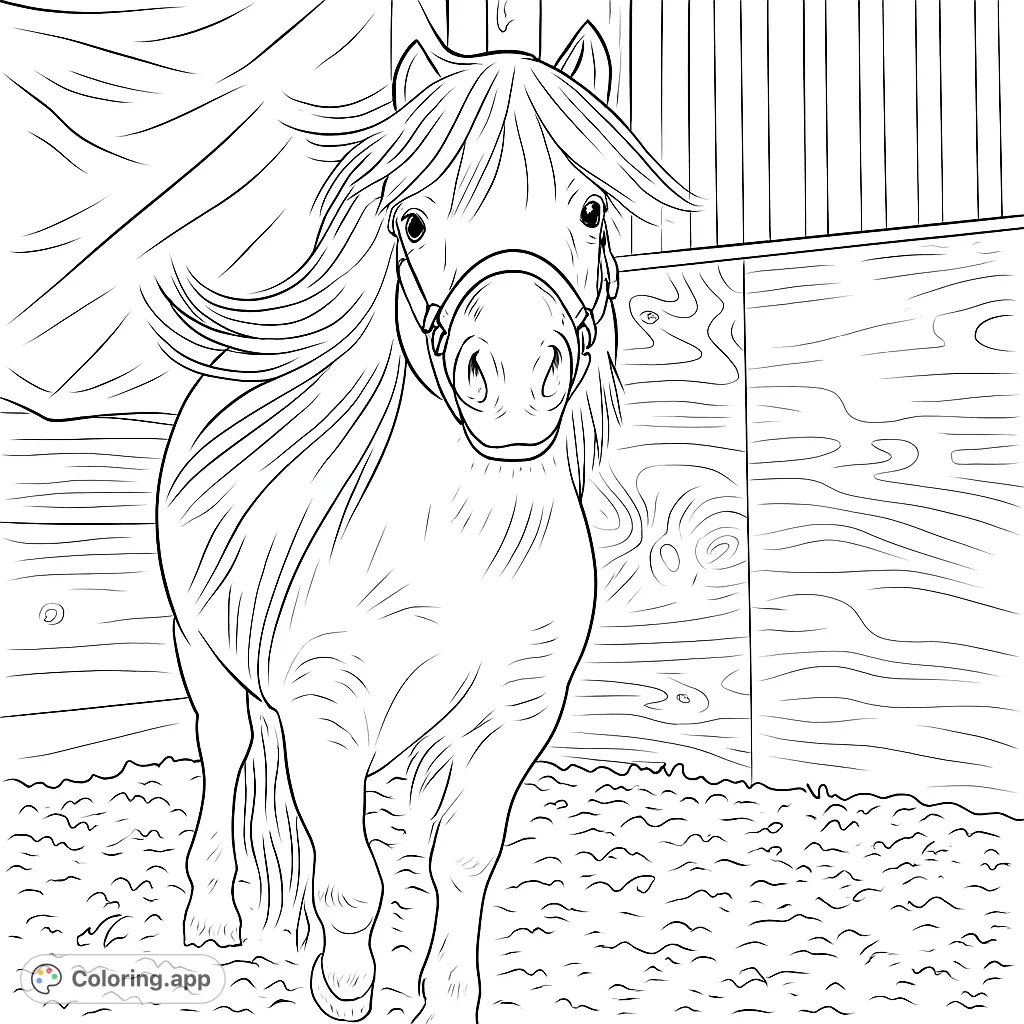 Color this adorable pony with its flowing mane and gentle expression, standing in a cozy stable. A perfect free printable coloring page for animal lovers.