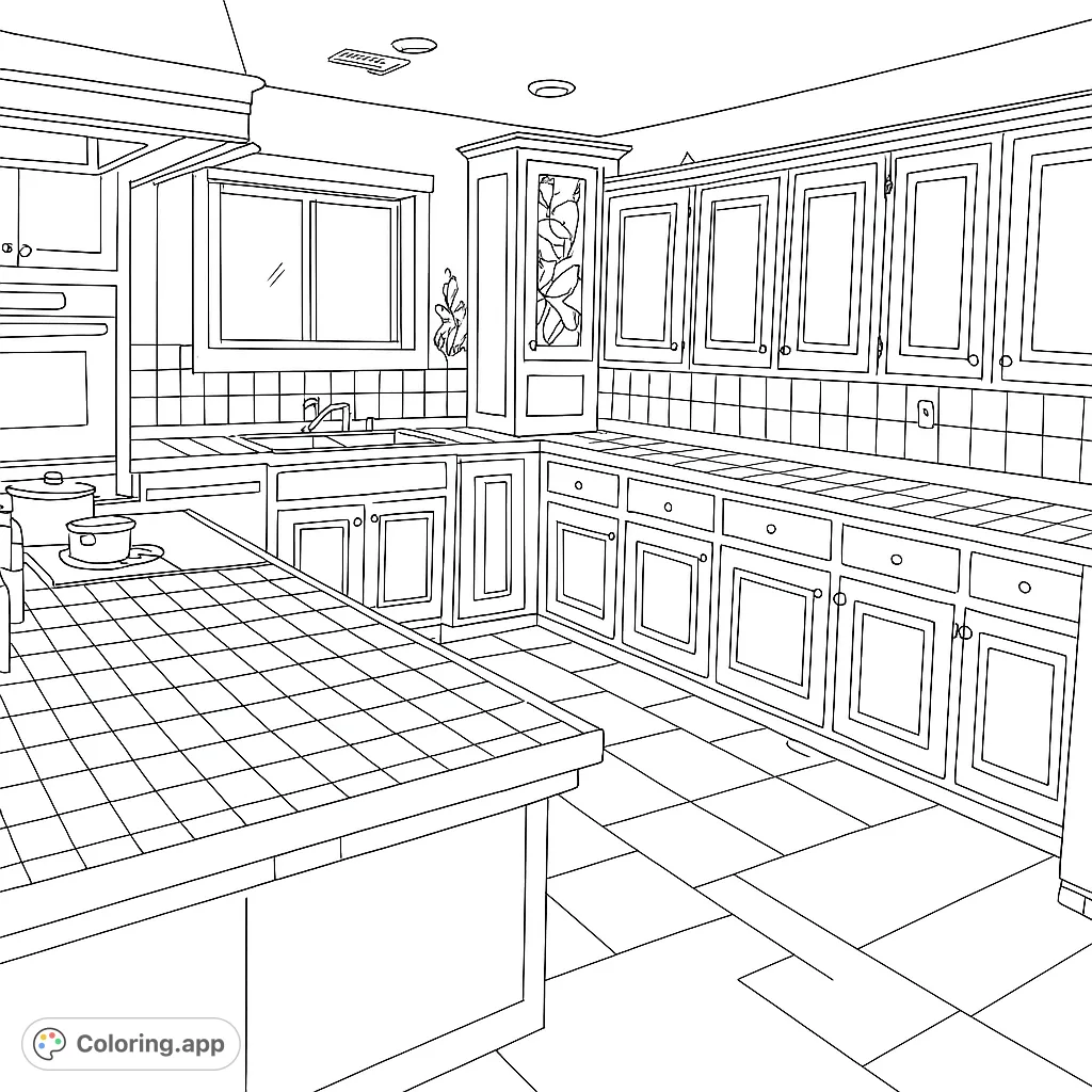 Explore a detailed kitchen scene featuring an island, extensive cabinetry, appliances, and a unique window, perfect for creative coloring.