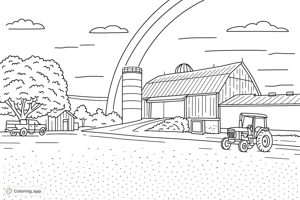 Explore a serene farm scene featuring a classic barn, sturdy silo, and a powerful tractor, all beneath a gentle sky arc. A perfect rural escape.