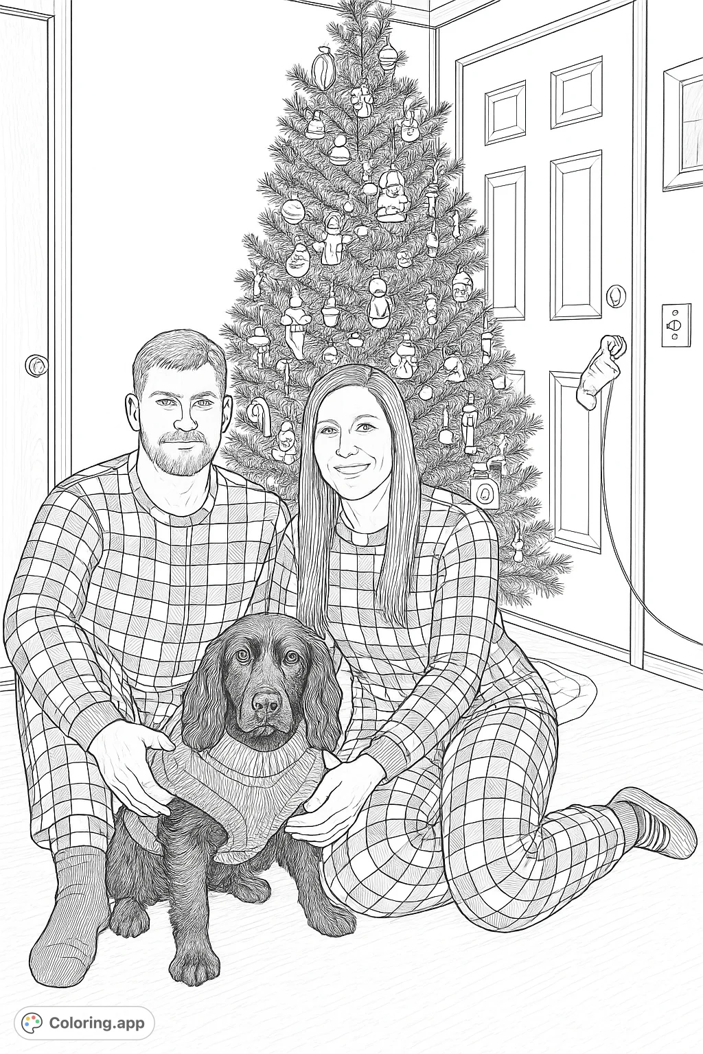 Capture the festive spirit with this intricate family portrait, featuring a couple and their beloved dog by a beautifully decorated holiday tree.