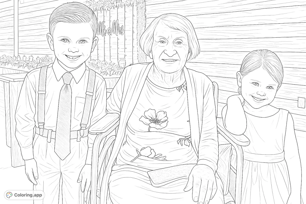 A heartwarming multi-generational family gathering, featuring a boy, a woman in a wheelchair, and a girl at a festive event. This family moments coloring page is a free printable, offering a detailed family portrait coloring page for kids and adults.