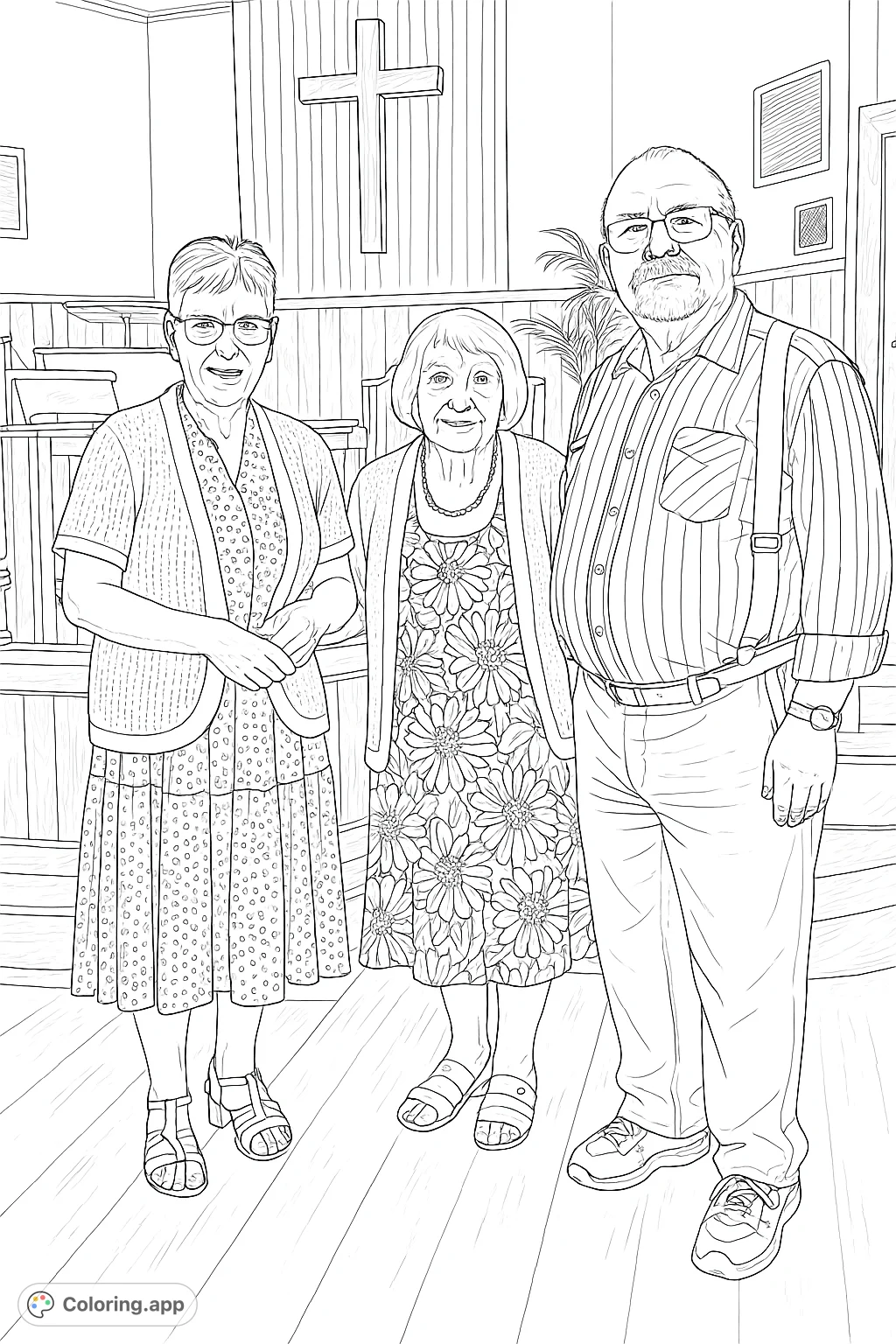 A realistic coloring page capturing three smiling individuals, a man and two women, in a warm community setting. Perfect for detailed coloring.