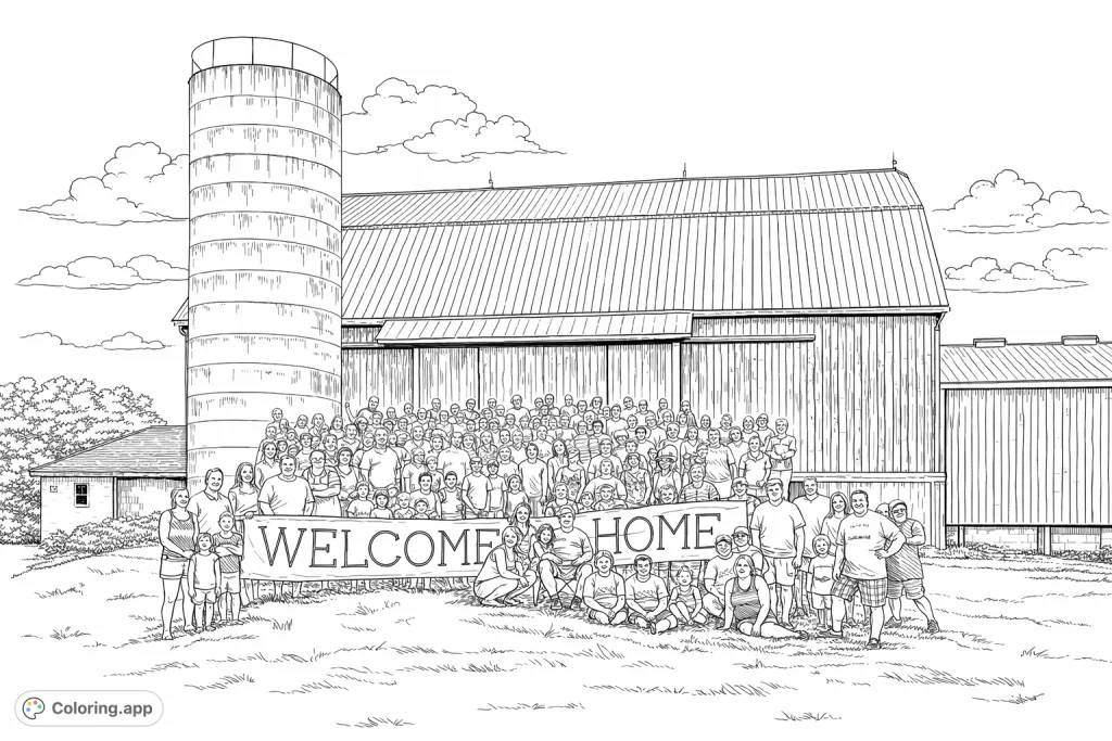 Capture the spirit of togetherness with this detailed family reunion coloring page. A large group poses before a classic barn and silo, perfect for adults.