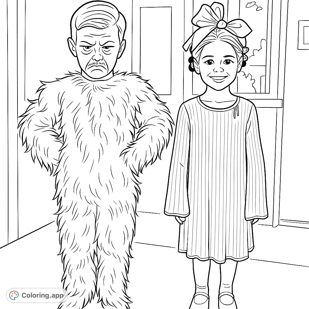 A charming holiday character duo featuring a shaggy creature and a sweet girl with a big bow. Perfect for festive fun and creative expression.