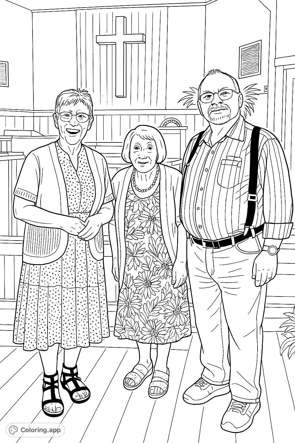 Capture a moment of community with three individuals gathered in a church setting, featuring detailed clothing patterns and architectural elements.