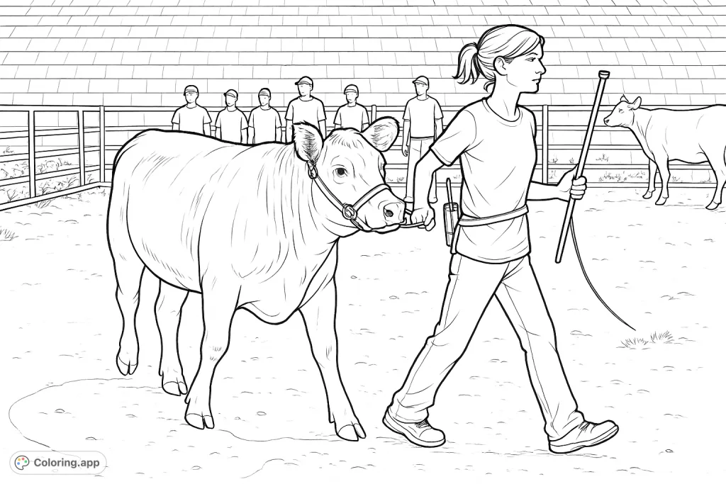 A detailed coloring page depicting a handler leading a large bovine animal at a show or farm event, with other participants and animals in the background.