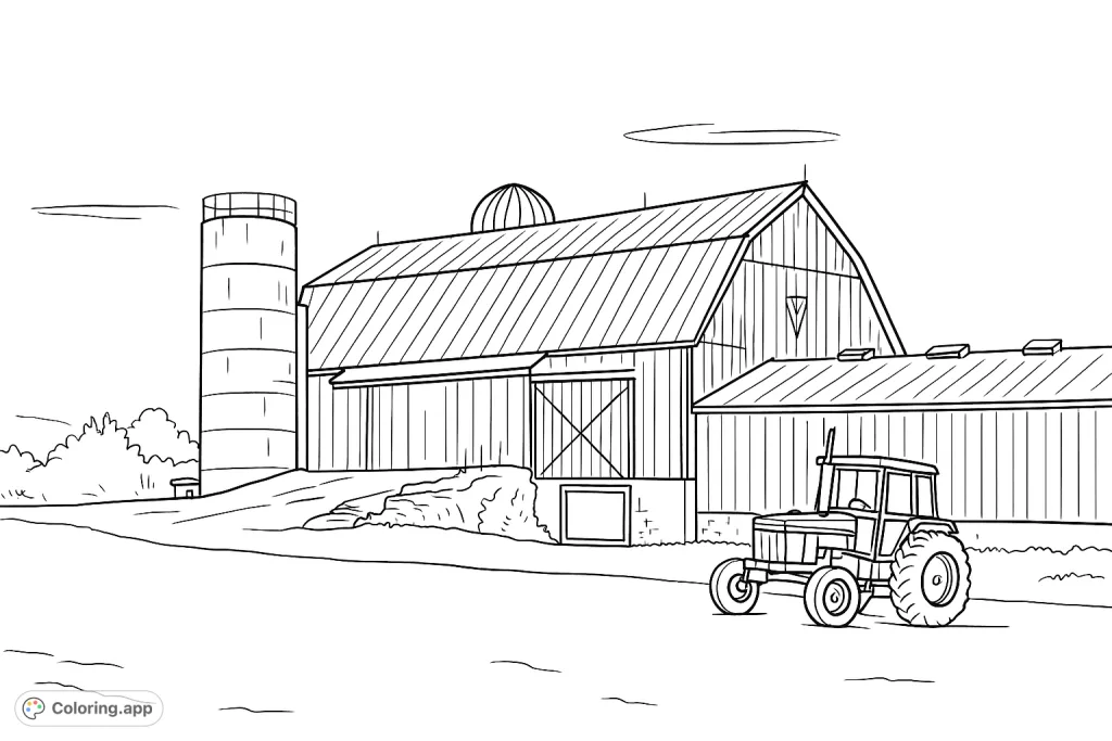 Color a serene farm scene featuring a rustic barn, tall silo, and a detailed tractor, with a graceful arc across the vast sky.
