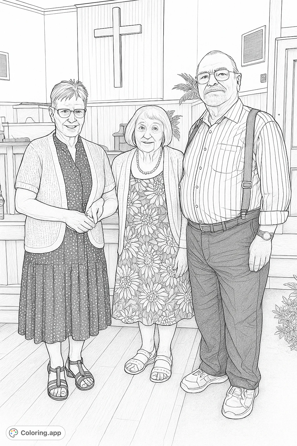 Capture a moment of connection with this detailed coloring page featuring three individuals in a church setting, perfect for all ages. Enjoy intricate patterns.