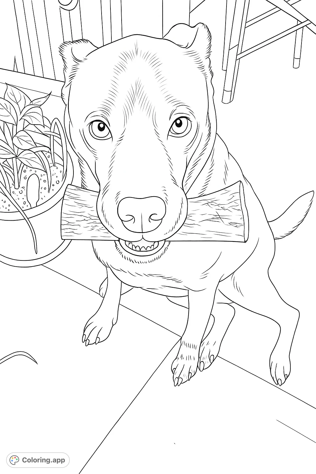 A loyal dog with an earnest gaze holds its favorite textured chew bone, ready for a fun coloring adventure. Perfect for pet lovers!