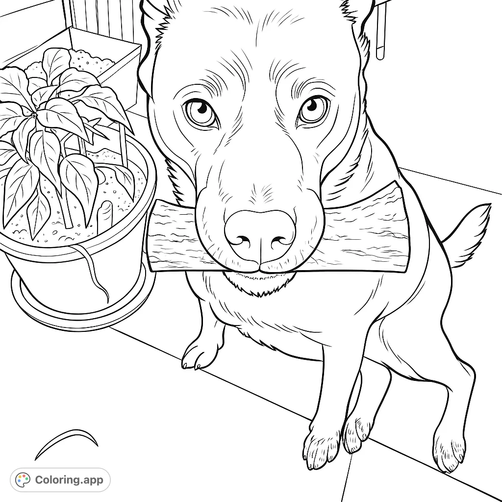 A charming coloring page featuring a loyal dog proudly holding a large bone, sitting patiently beside a potted plant on a serene patio.