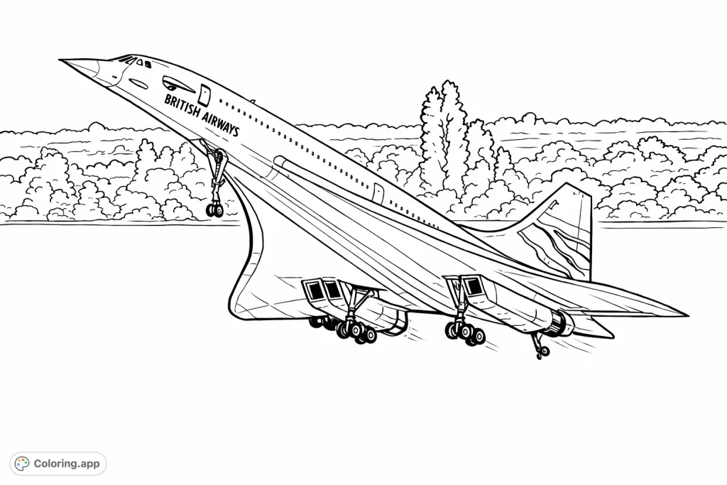 Experience the thrill of a supersonic Concorde taking off, with its iconic delta wings and sleek design. A detailed aircraft coloring page for aviation enthusiasts.