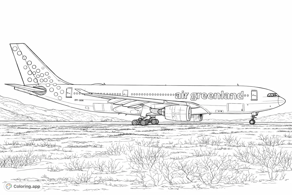 A detailed coloring page featuring a large passenger jet aircraft positioned on a vast airfield with sparse vegetation and distant mountains, ready for an imaginative journey.