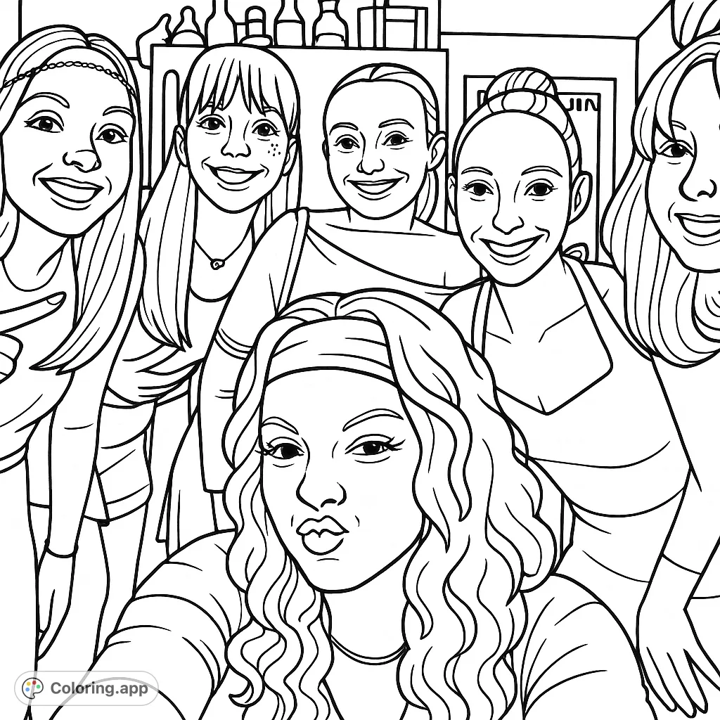 A fun, cartoony group of friends in unique costumes, posing for a selfie. Perfect for a party-themed coloring page, offering a delightful and engaging experience.