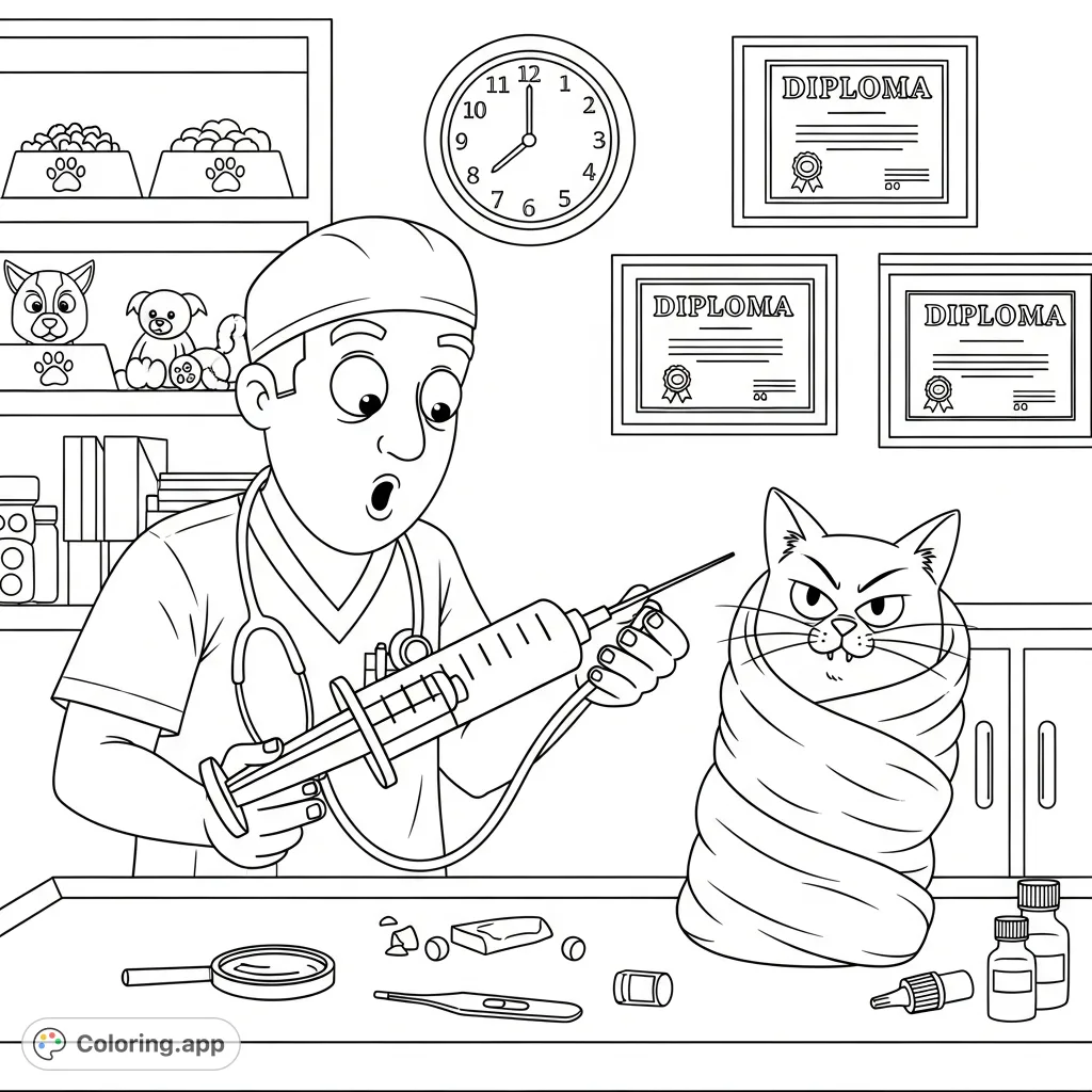 A humorous vet med coloring page depicting an exasperated vet battling a defiant cat burrito. Enjoy this funny free printable coloring page for a good laugh!
