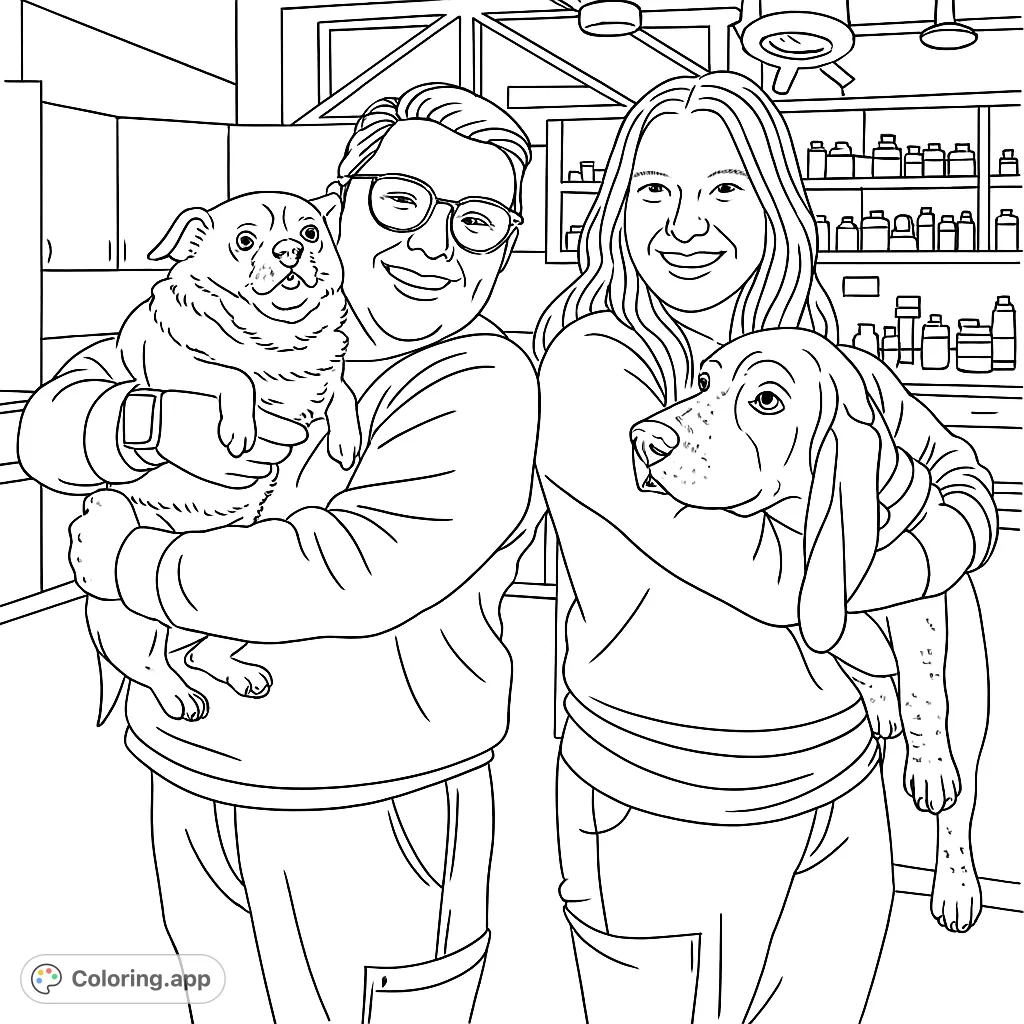 Two smiling individuals embrace their canine companions in a cheerful setting. This pet care coloring page features adorable dogs and friendly faces, perfect for animal lovers.