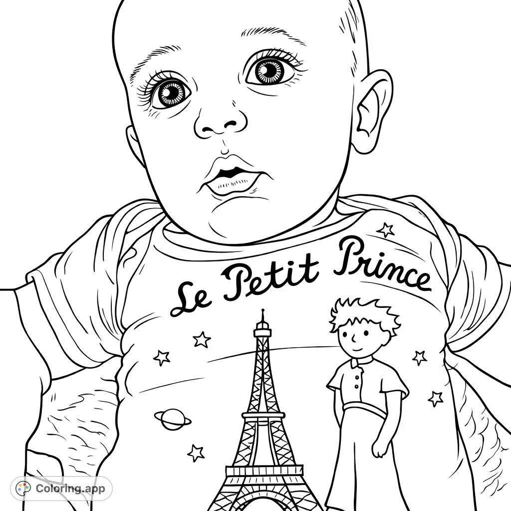 An adorable baby wears a Le Petit Prince onesie featuring the iconic character, the Eiffel Tower, and scattered stars. A charming scene for all ages to color.