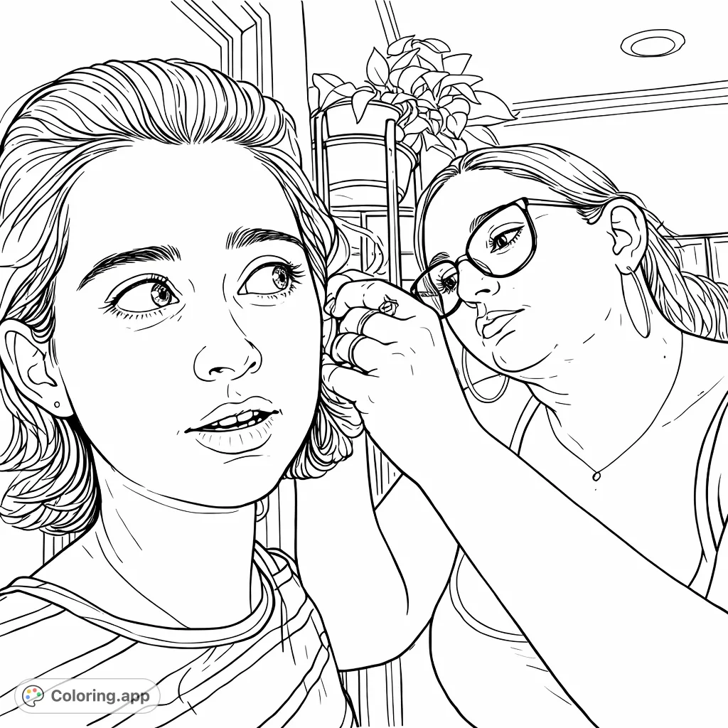 A candid moment of two individuals, one with a thoughtful expression as the other carefully attends to their ear, featuring detailed jewelry and an intimate setting.