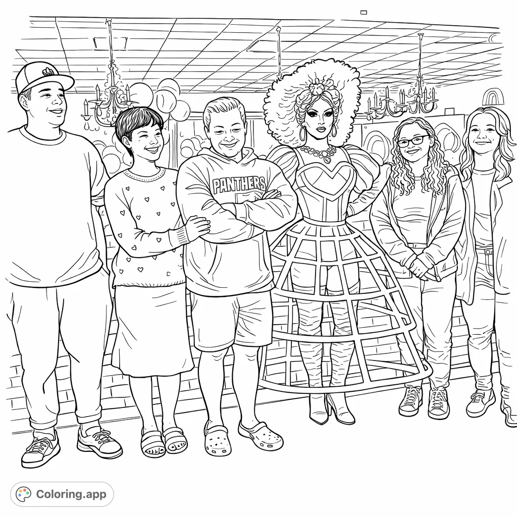 Capture a lively scene featuring a glamorous drag queen posing with a cheerful group of friends against a mirrored backdrop, perfect for creative expression.