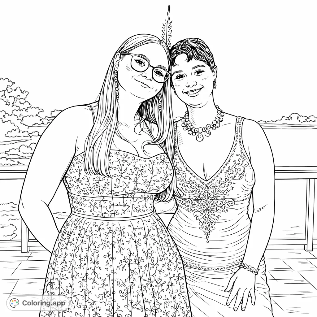 Two friends in dazzling formal gowns pose by a serene waterfront, featuring intricate dress details and accessories perfect for creative coloring.