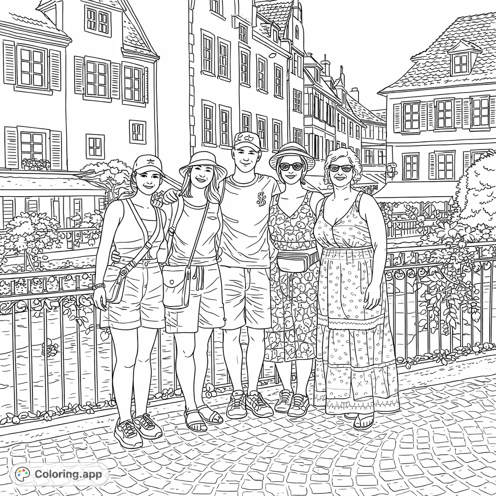 A joyful group of five people poses on a charming cobblestone street in a picturesque European town, flanked by historic buildings and a canal railing.