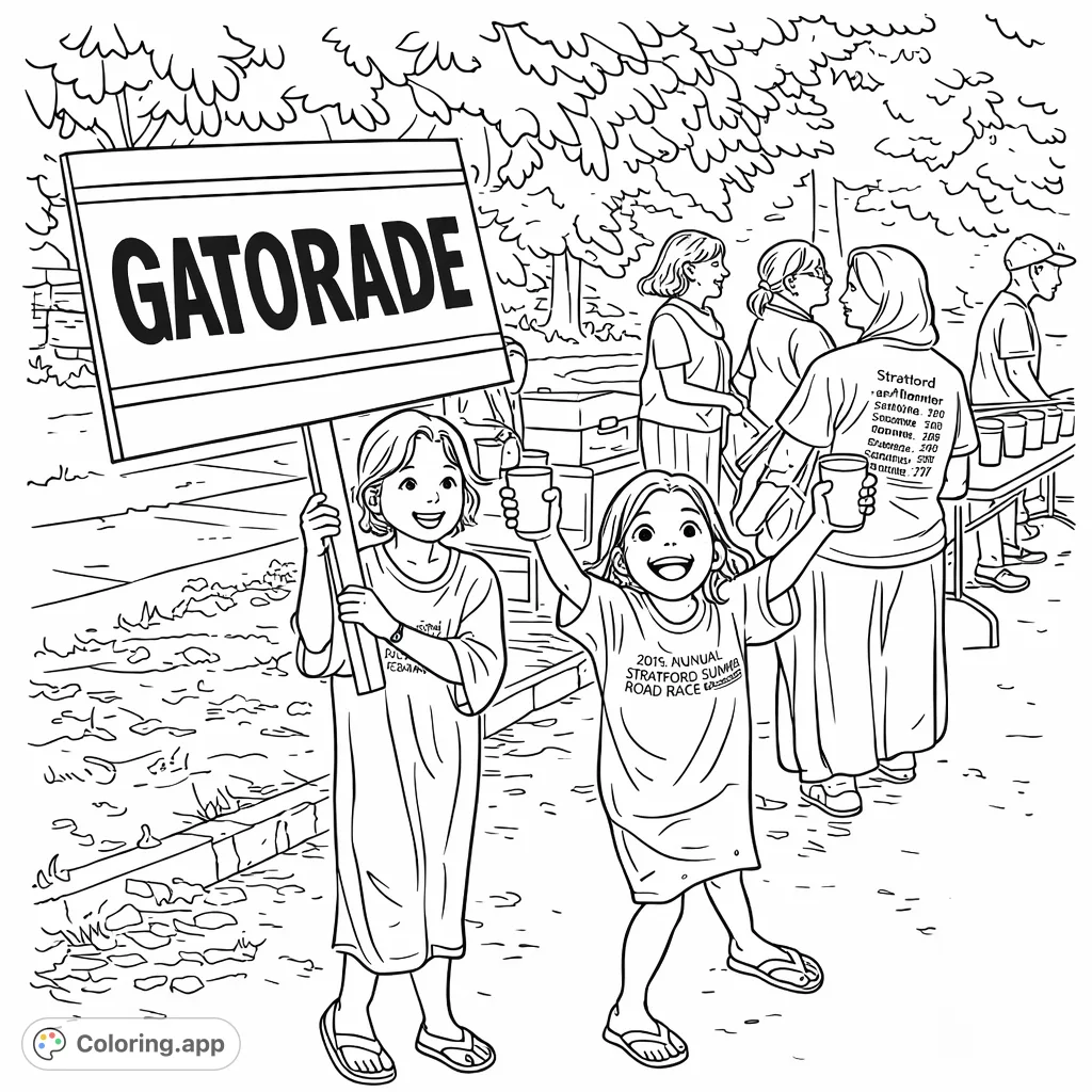 Two energetic girls, one holding a "GATORADE" sign, the other with cups, cheer at a community event hydration station amidst adults and leafy trees.