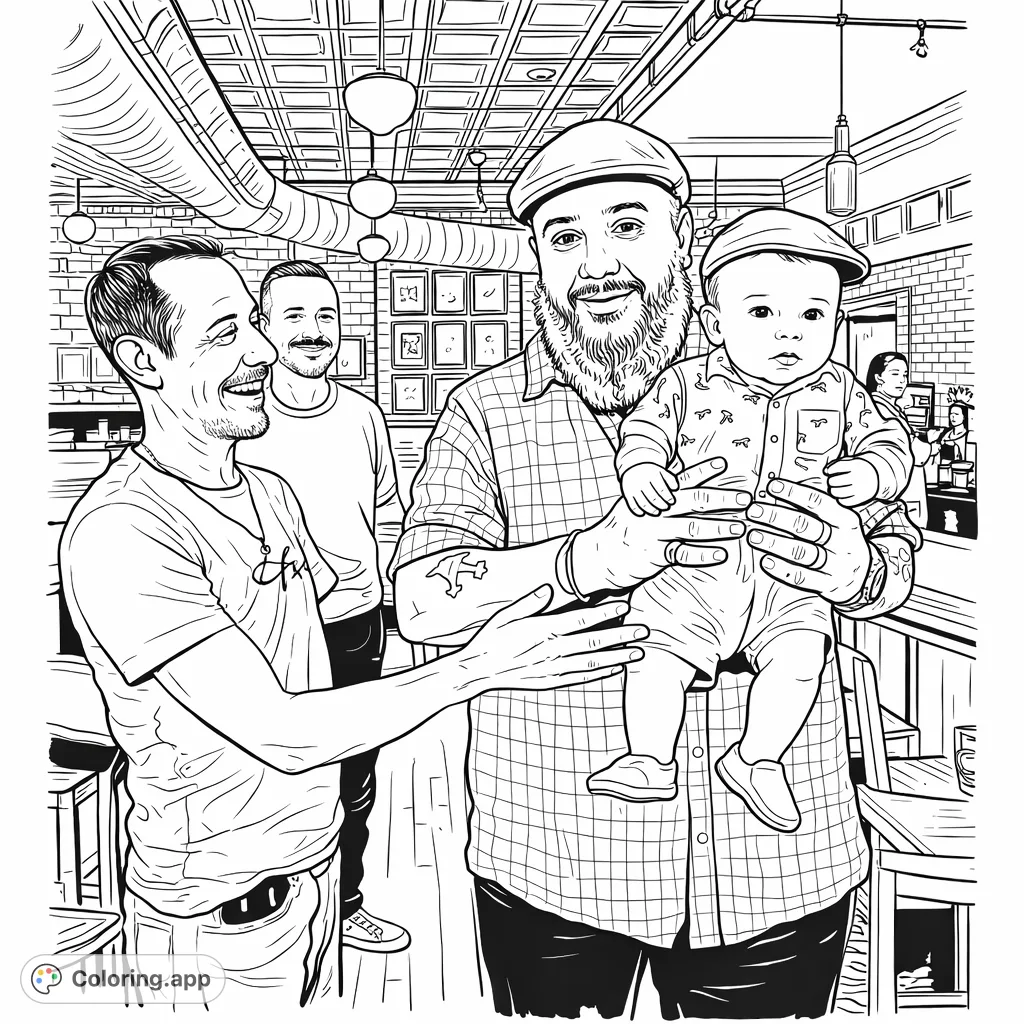 A heartwarming scene of family and friends gathered in a lively restaurant, featuring a man holding a baby and joyful interactions all around.