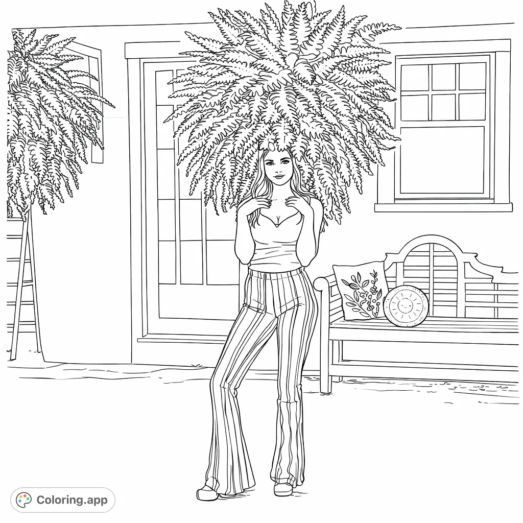 A trendy individual in striped flared pants and a tank top, standing under lush fern baskets. Features a detailed house background with a bench and decorative pillows.