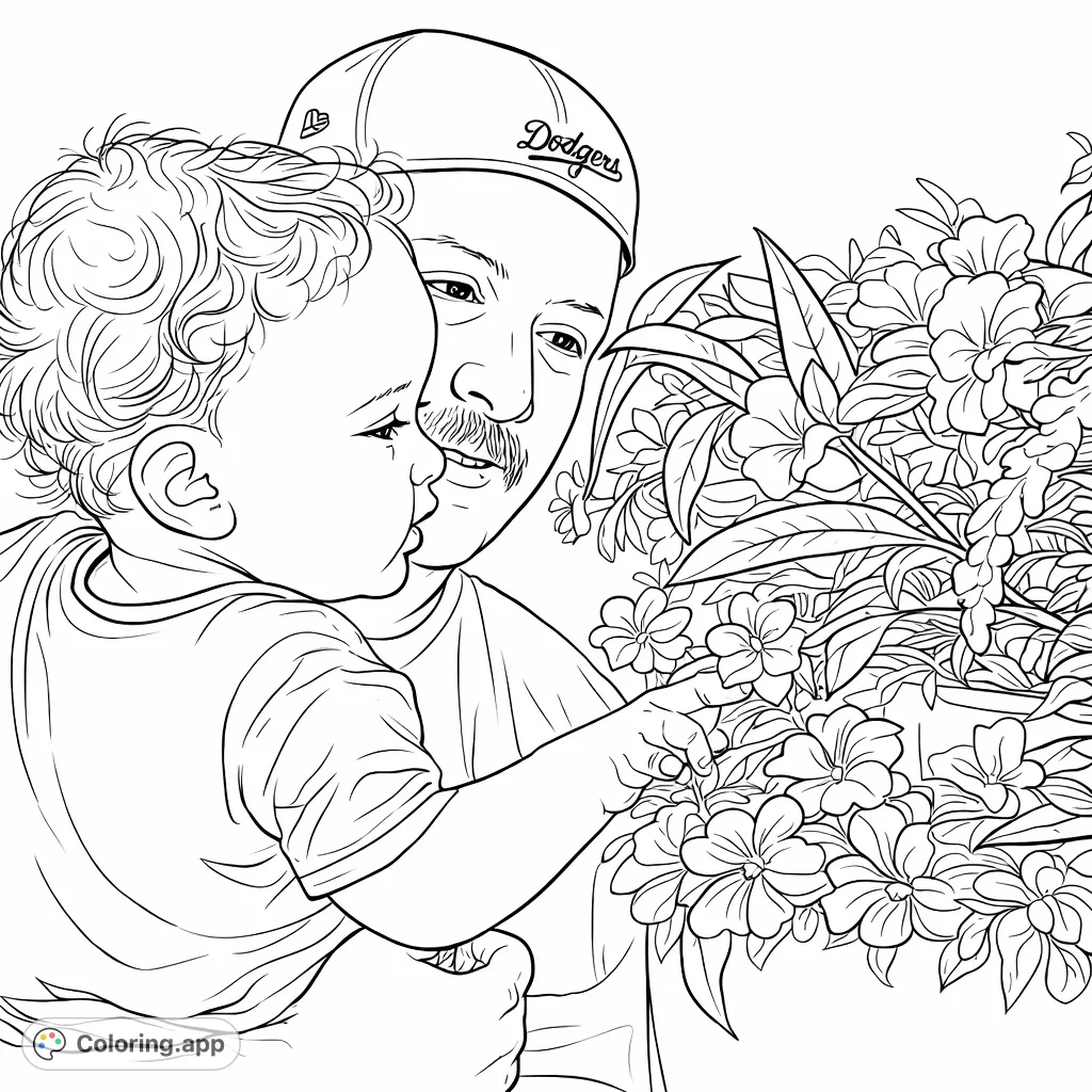 A heartwarming family bonding coloring page featuring a parent and baby exploring intricate flowers in a planter, perfect for all ages.