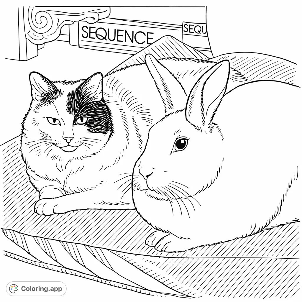 Discover a charming scene of a domestic cat and a fluffy rabbit sharing a cozy spot. Perfect for animal lovers to color and bring to life.