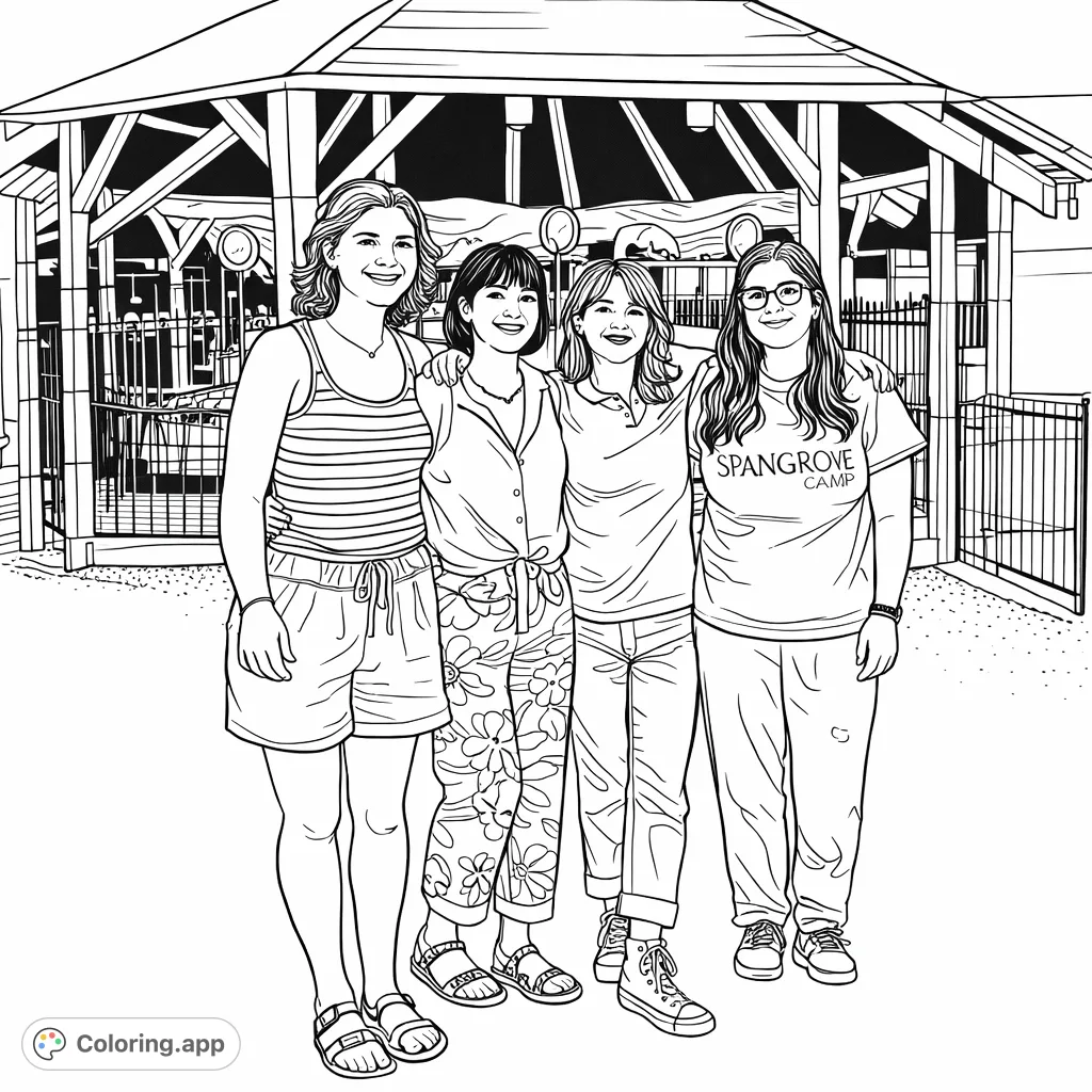Four joyful friends pose by a whimsical carousel and gazebo, capturing a memorable night. A detailed scene perfect for personalizing.