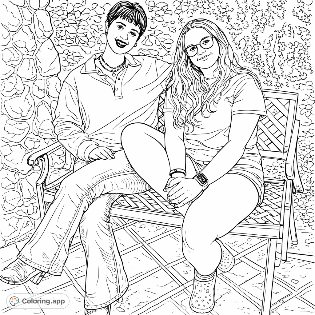 Capture a detailed moment of friendship with this engaging outdoor scene. Two individuals on a bench, perfect for intricate coloring and relaxation.