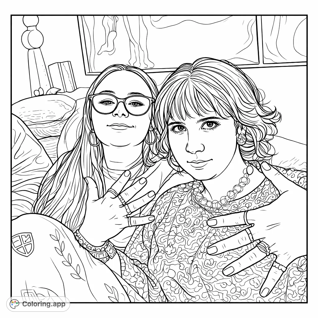 Two friends display their rings and festive attire in a cozy setting. Features intricate patterns on clothing, jewelry, and background art.
