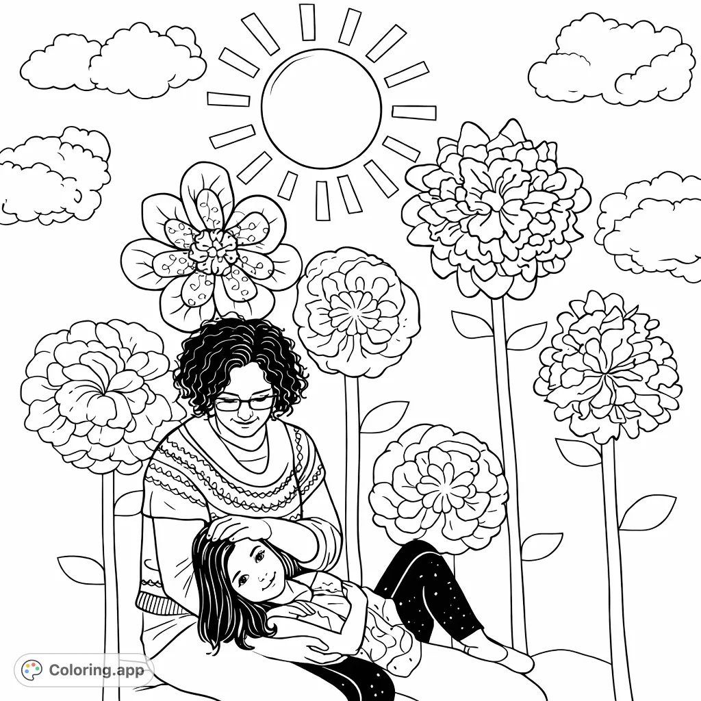 A heartwarming scene of an adult and child surrounded by cheerful paper craft sun, clouds, and an array of decorative flowers, perfect for a creative coloring experience.