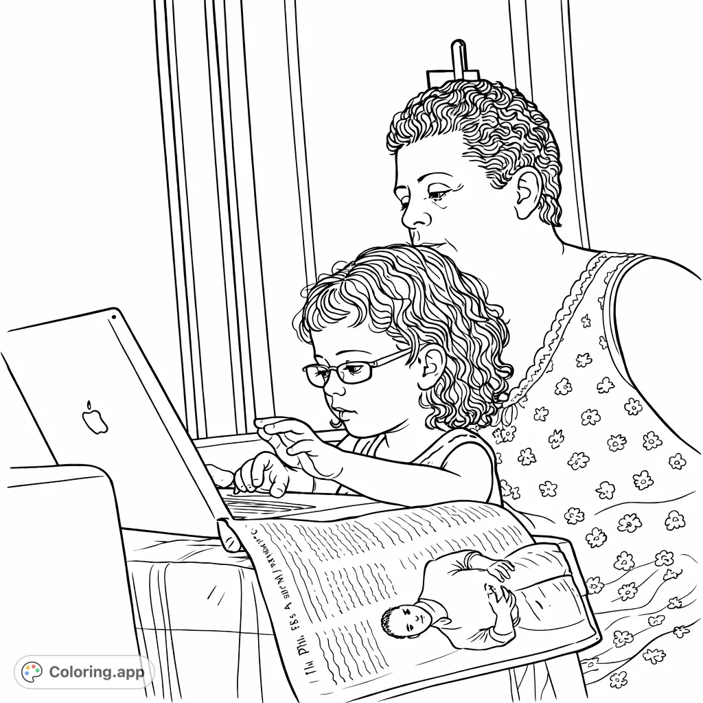 A heartwarming scene of an adult and child sharing a moment of discovery with a tablet and magazine. Perfect for capturing tender family connections.