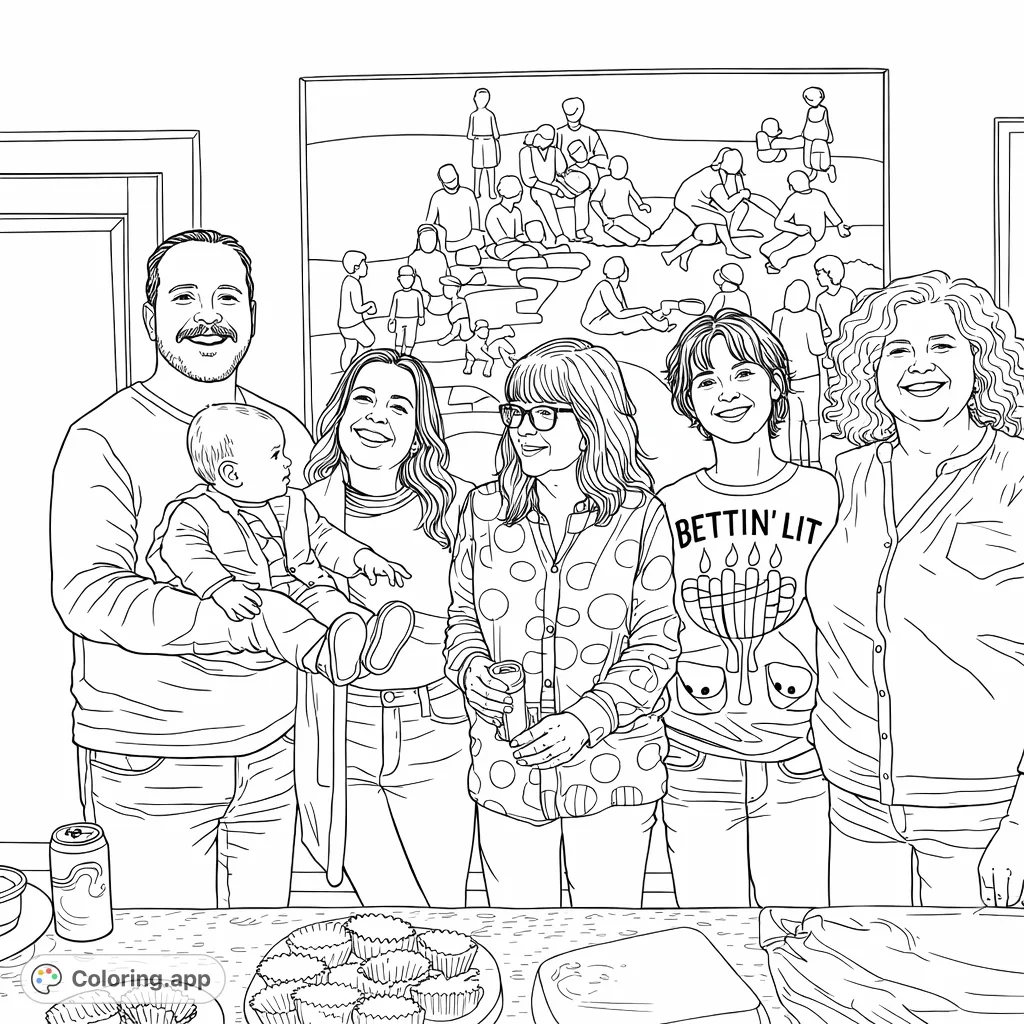 Capture the warmth of a family gathering! This intricate coloring page features a happy family portrait, complete with a baby and festive details.